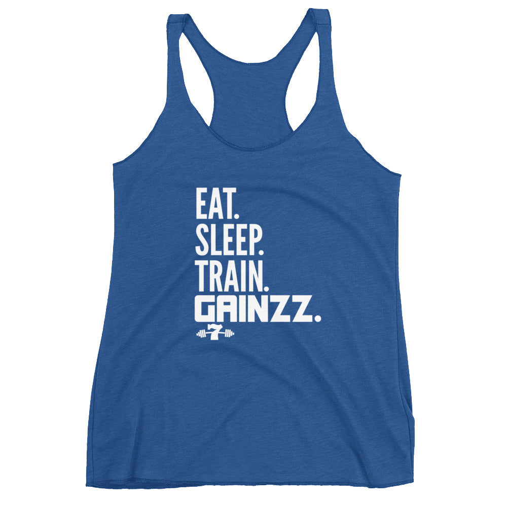 Women's Eat sleep train gains tri blend Racerback Tank
