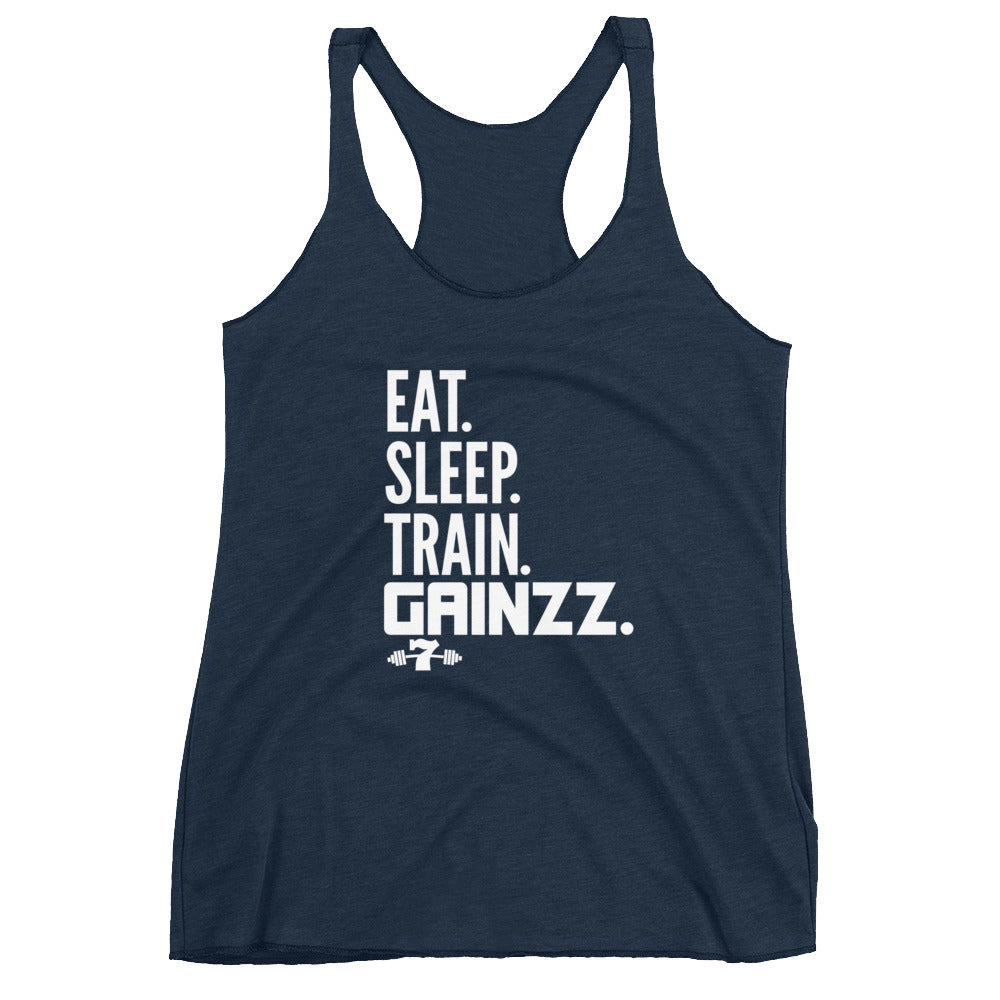 Women's Eat sleep train gains tri blend Racerback Tank