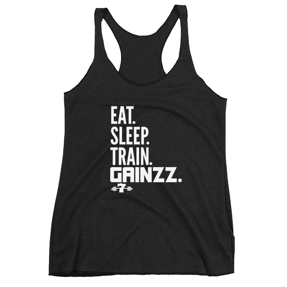 Women's Eat sleep train gains tri blend Racerback Tank